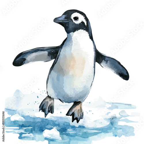 A watercolor drawing of a penguin sliding on ice, isolated on a white background. Penguin ice vector.
