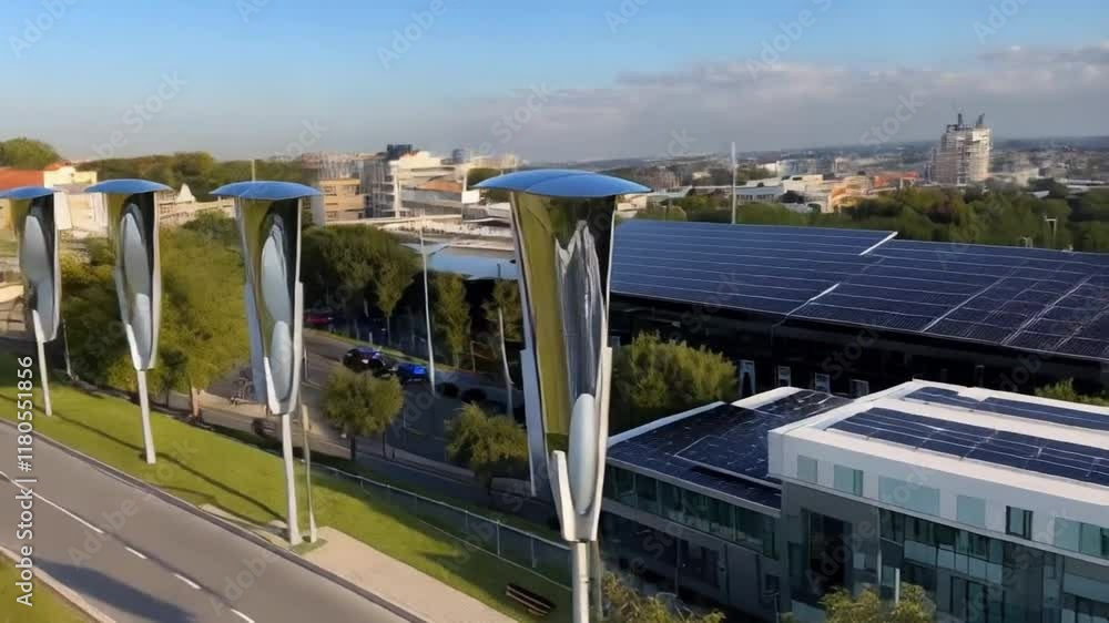 Urban Sustainability: Solar Panels and Wind Turbines in Cityscape Urban Sustainability: Solar Panels and Wind Turbines in Cityscape