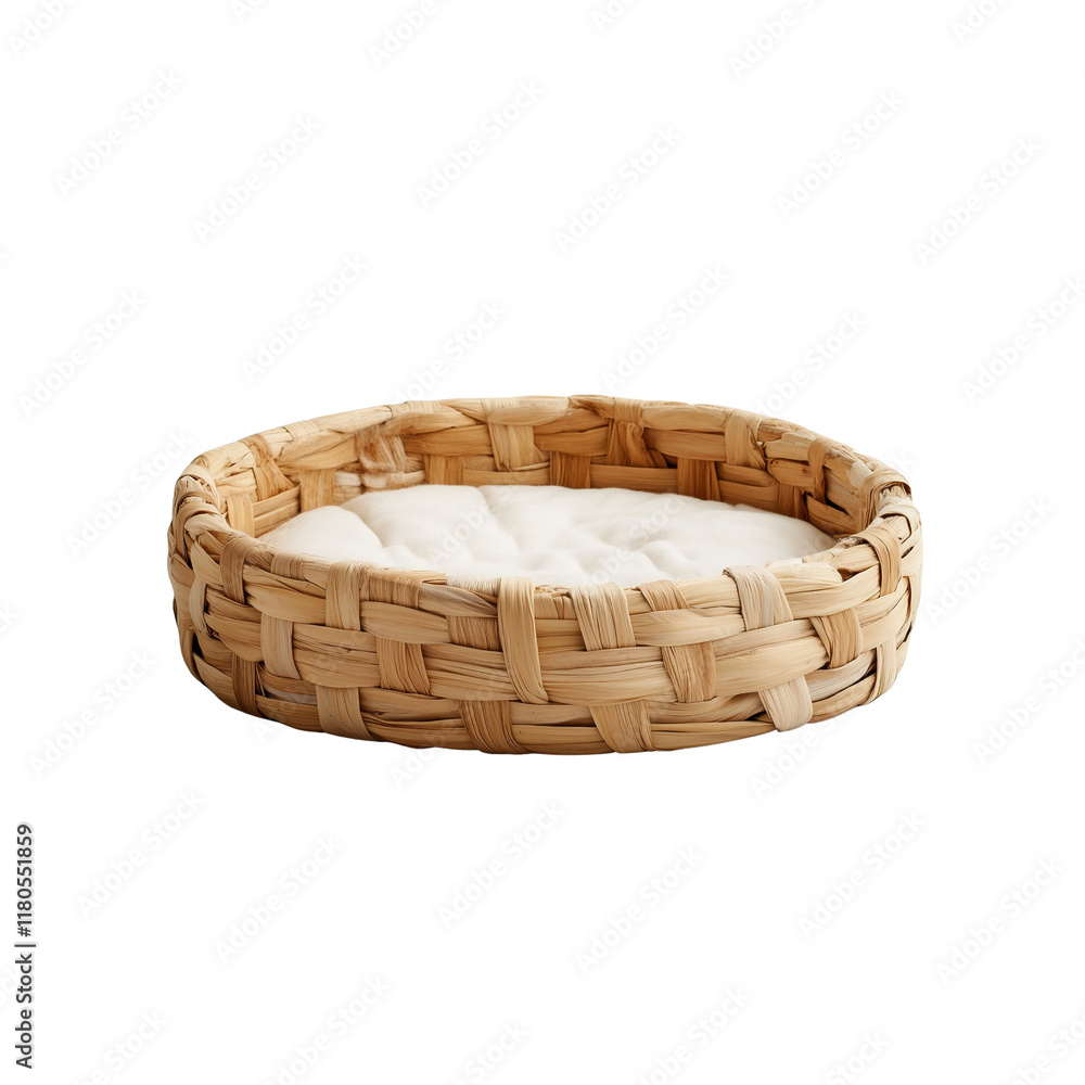 Obraz premium A woven basket featuring a soft, cushioned interior, ideal for pets or decorative purposes.