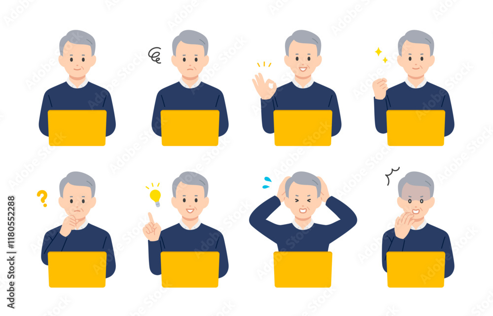 パソコンを見ながらいろいろな表情･ポーズをするシニア男性･高齢者のセット【人物ベクターイラスト素材】