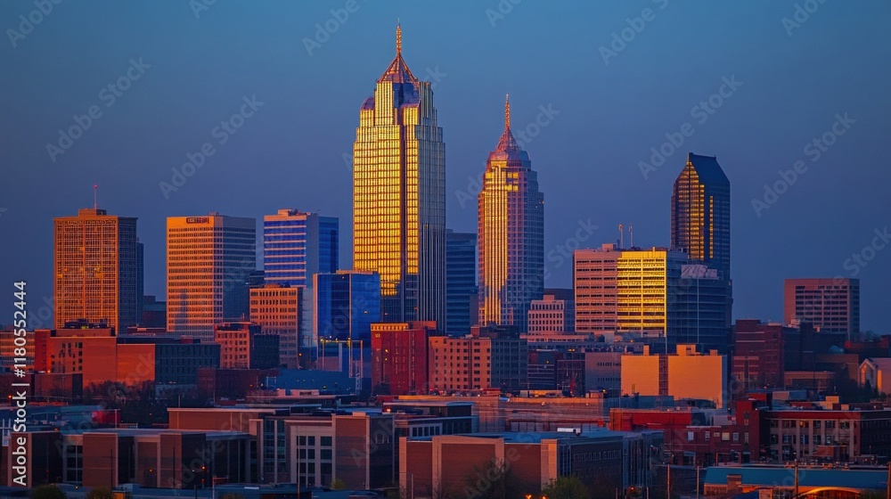 Fototapeta premium A professional city skyline during golden hour, modern skyscrapers, clean and sharp lines, fog and mist