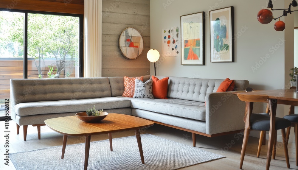 Obraz premium Modern Mid Century Living Room Interior Design Grey Sofa Wood Coffee Table