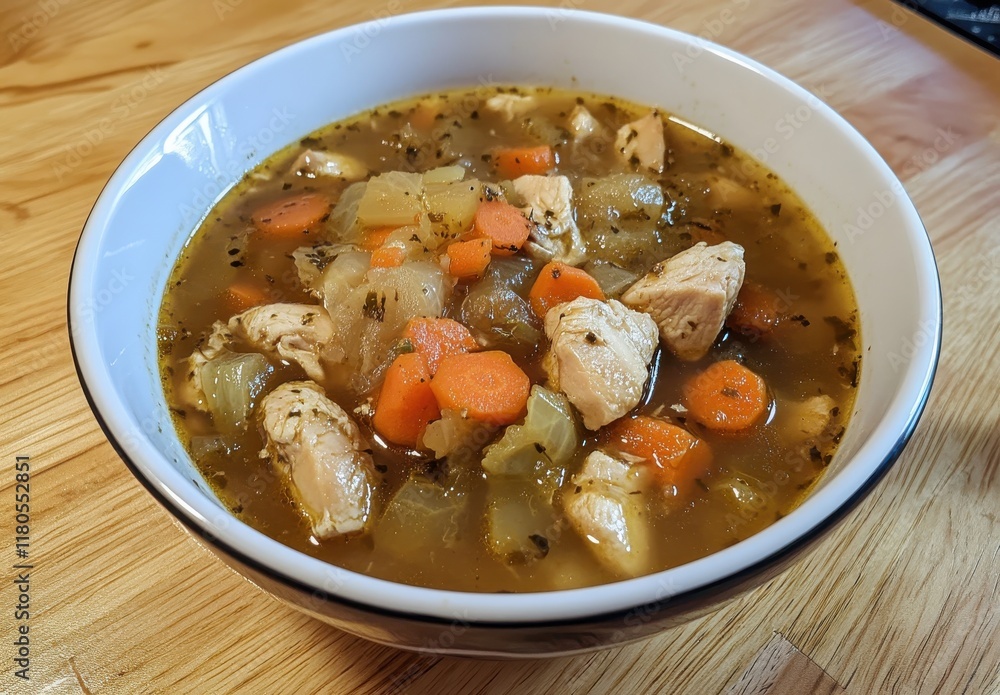 Delicious Homemade Chicken Soup with Fresh Vegetables in a White Bowl on a Wooden Table, Perfect Comfort Food for Any Season Delicious Homemade Chicken Soup with Fresh Vegetables in a White Bowl on a Wooden Table, Perfect Comfort Food for Any Season