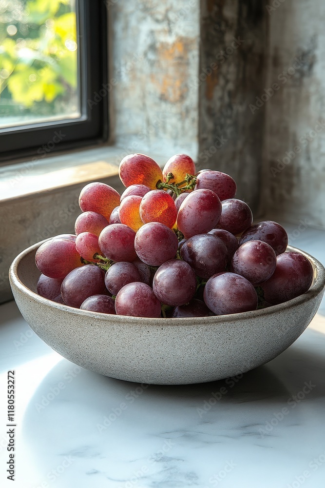 Red grapes in a gray bowl on marble.