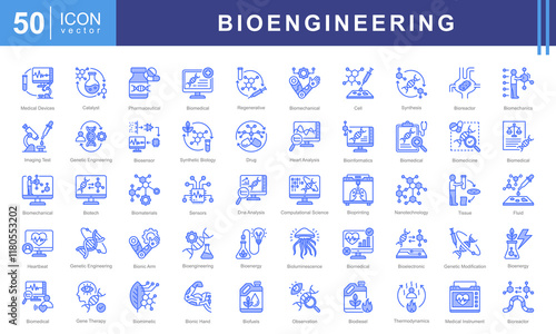 Bioengineering icon set of biomedical, bioluminescence, model, mineral, pharmaceutical, device, mechanical, computing, nanotechnology, data analysis, ethics, processing, imaging, genetic engineering.