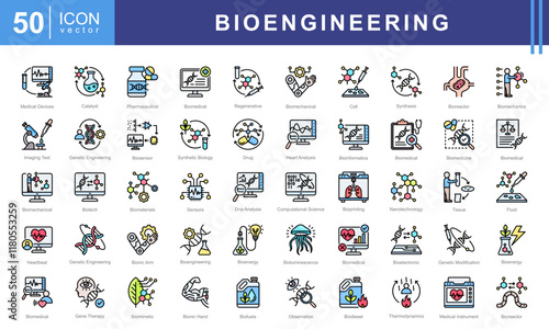 Bioengineering icon set of biomedical, bioluminescence, model, mineral, pharmaceutical, device, mechanical, computing, nanotechnology, data analysis, ethics, processing, imaging, genetic engineering.