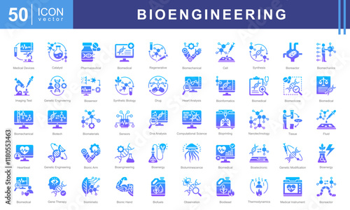 Bioengineering icon set of biomedical, bioluminescence, model, mineral, pharmaceutical, device, mechanical, computing, nanotechnology, data analysis, ethics, processing, imaging, genetic engineering.