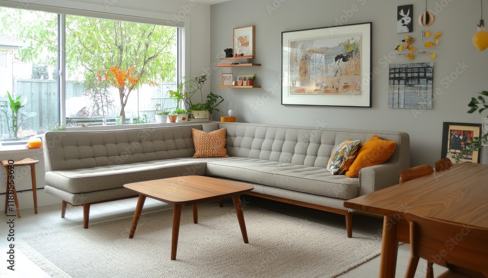 Fototapeta premium Modern Living Room Interior Design Cozy Sofa Wood Table Gray Walls