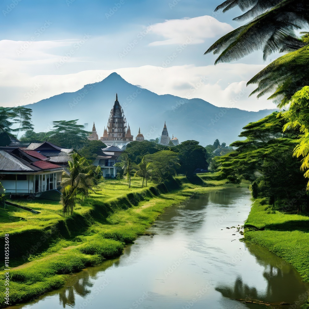 Naklejka premium the AI Image Generator, Village Around Traditional Asian Temple at Sunrise