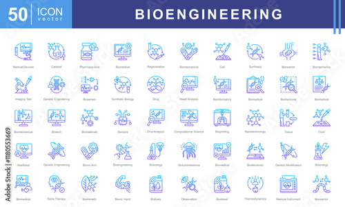 Bioengineering icon set of biomedical, bioluminescence, model, mineral, pharmaceutical, device, mechanical, computing, nanotechnology, data analysis, ethics, processing, imaging, genetic engineering.