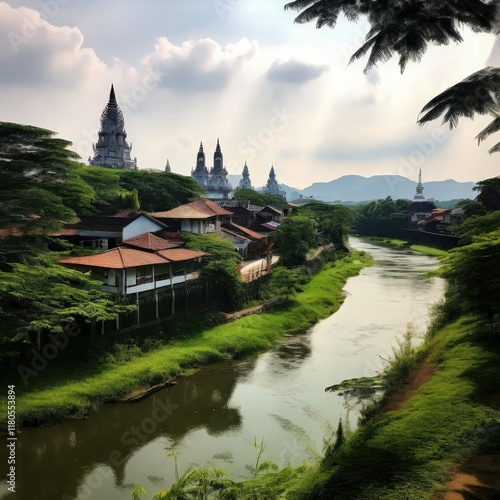 Wallpaper Mural the AI Image Generator, Village Around Traditional Asian Temple at Sunrise Torontodigital.ca