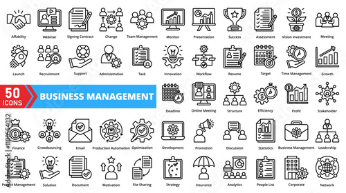 Set of business management web icons in line style. Containing strategy, leadership, finance, teamwork, planning, goal, profit, growth, analytics, organization