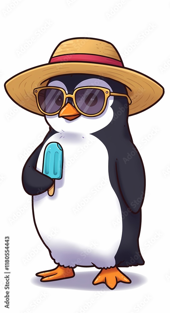 Obraz premium Adorable Penguin in Summer Hat Sunglasses Enjoying Popsicle