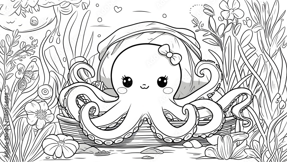 Fototapeta premium Coloring picture, size A4, cute squid