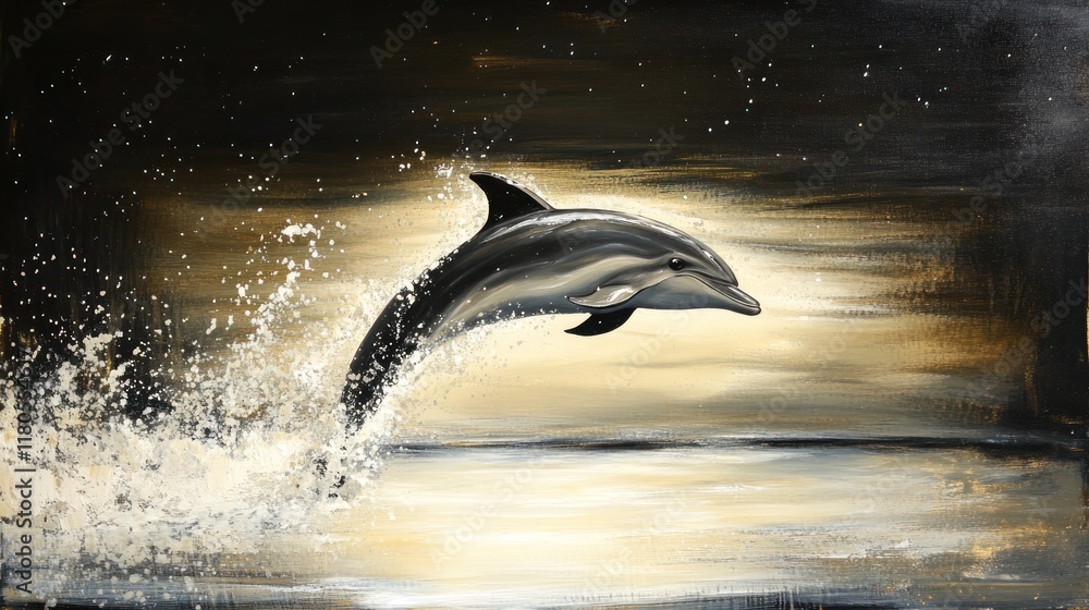 Obraz premium Dolphin leaping from ocean, golden sunset.