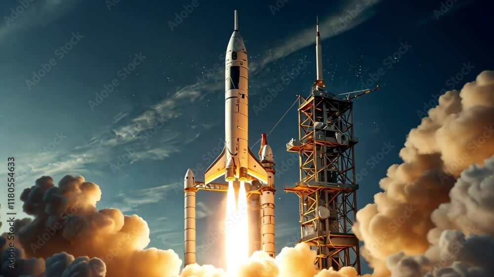 Flying rockets take off from the tower Stock Video | Adobe Stock
