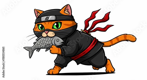 Adorable Orange Ninja Cat Carrying Fish Cartoon Illustration Cute Anime Kitty photo