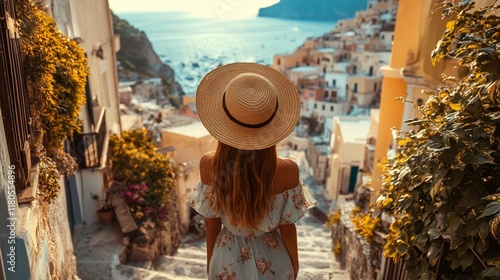 Fototapeta Naklejka Na Ścianę i Meble -  Woman in straw hat overlooking coastal town.