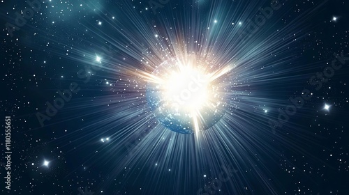 Bright star exploding in space, cosmic rays.