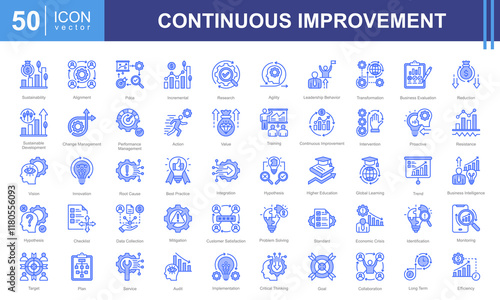 Continuous Improvement icon collection set. Containing business, evaluation, innovation, hypothesis, management, optimization, performance icon. Simple vector illustration.