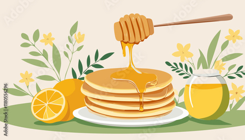 pancakes with honey and beeswax. Vector illustration.