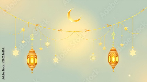 Arabic traditional Ramadan Kareem.,Eidul fitur Muslim ornamental hanging golden lanterns, stars and moon vector illustration set. Islamic oriental style  photo