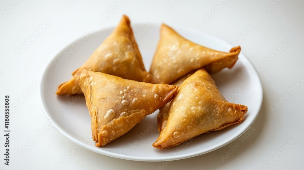 a pile of samosas on a white plate isolated background food photography. a pile of samosas on a white plate isolated background food photography.