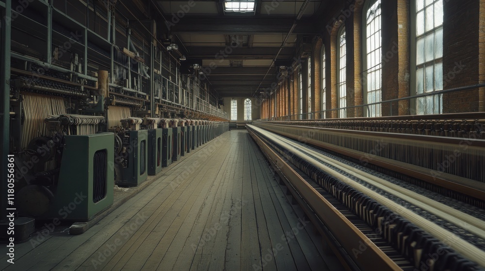 Long perspective view of an abandoned textile factory with rows of vintage machinery and large windows. Long perspective view of an abandoned textile factory with rows of vintage machinery and large windows.