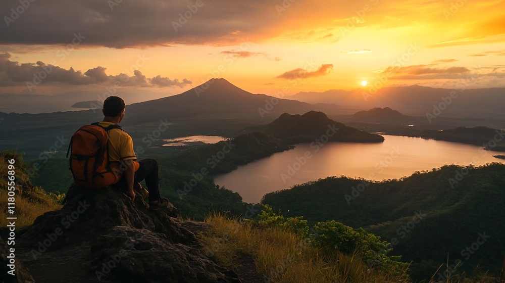 Obraz premium Man enjoying sunset view from mountaintop.