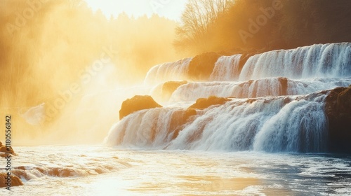 Golden sunrise illuminates cascading waterfalls and mist.
