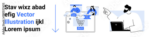 Team members analyzing e-commerce platform with emphasis on online shopping cart, buy button. Professional guiding with laptop. Ideal for e-commerce, online retail, teamwork, innovation, digital