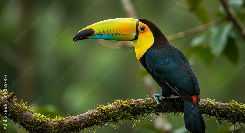Naklejka premium Vibrant Keel billed Toucan on Mossy Branch in Lush Rainforest