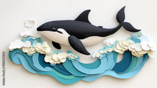 Handcrafted paper killer whale leaping from stylized waves, showcasing vibrant colors and intricate details, creating dynamic ocean scene photo