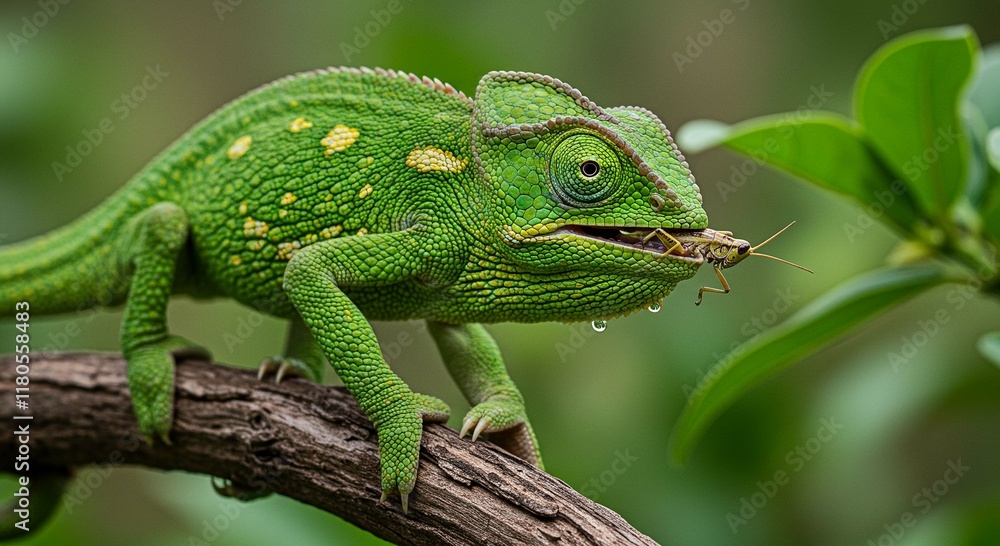 Green Chameleon Eating Insect on Branch Wildlife Reptile Nature Green Chameleon Eating Insect on Branch Wildlife Reptile Nature