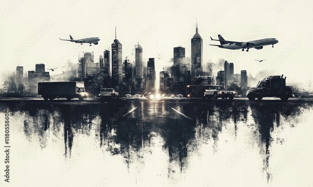 Naklejka premium Cityscape reflected, planes, trucks, grunge art.