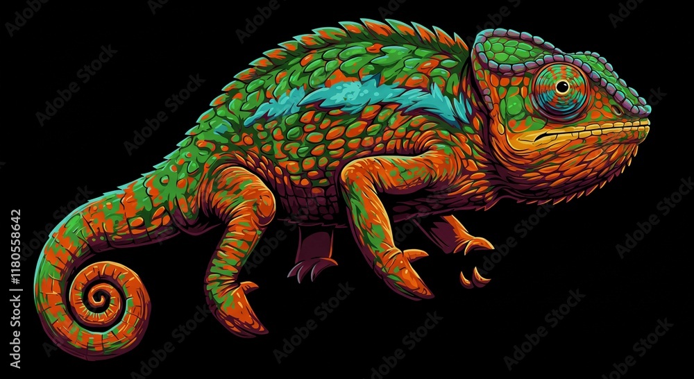 Obraz premium Vibrant Chameleon Reptile Illustration Exotic Wildlife Colorful Lizard