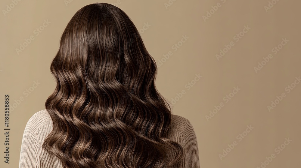 Fototapeta premium Woman's back view showcasing long, wavy brown hair against a beige background.