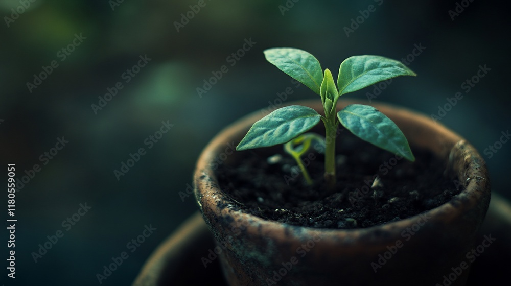 Young sprout in a terracotta pot. Young sprout in a terracotta pot.