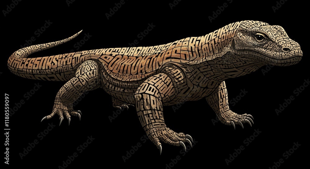 Naklejka premium Komodo Dragon Typography Art Reptile Wildlife Animal Text Design Illustration