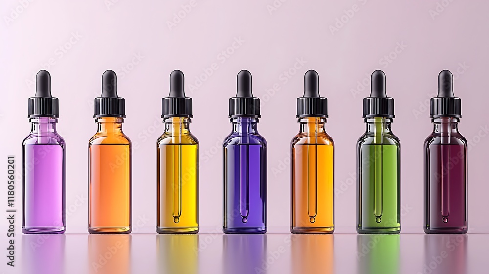Colorful essential oil bottles with droppers on reflective surface. Colorful essential oil bottles with droppers on reflective surface.