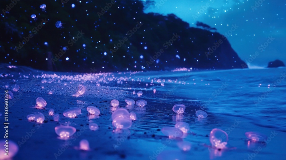 Obraz premium Bioluminescent jellyfish wash ashore at night on a dark beach.