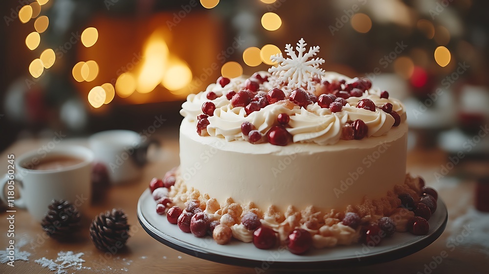 Festive cranberry cake with buttercream frosting, snowflake garnish, and warm background.