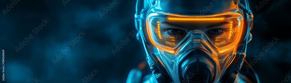 A futuristic figure wearing a high-tech mask with glowing orange accents, set against a moody blue background, exuding a sense of mystery and advanced technology. A futuristic figure wearing a high-tech mask with glowing orange accents, set against a moody blue background, exuding a sense of mystery and advanced technology.