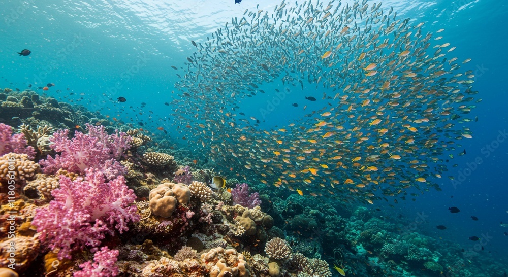 Fototapeta premium Vibrant Coral Reef with School of Fish Underwater Scene