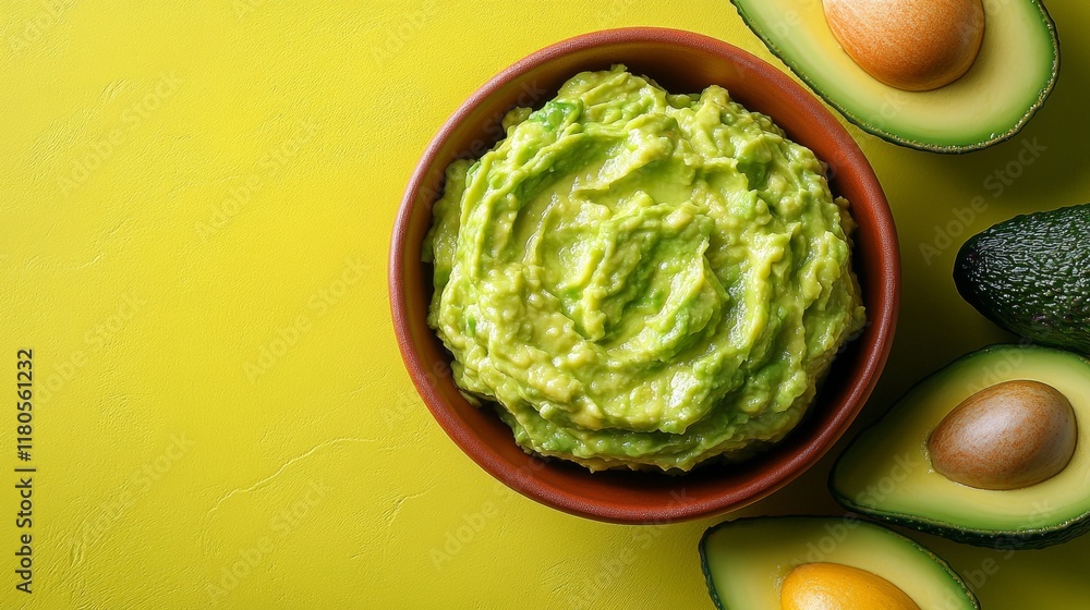 top view guacamole on a yellow background with avocado top view guacamole on a yellow background with avocado