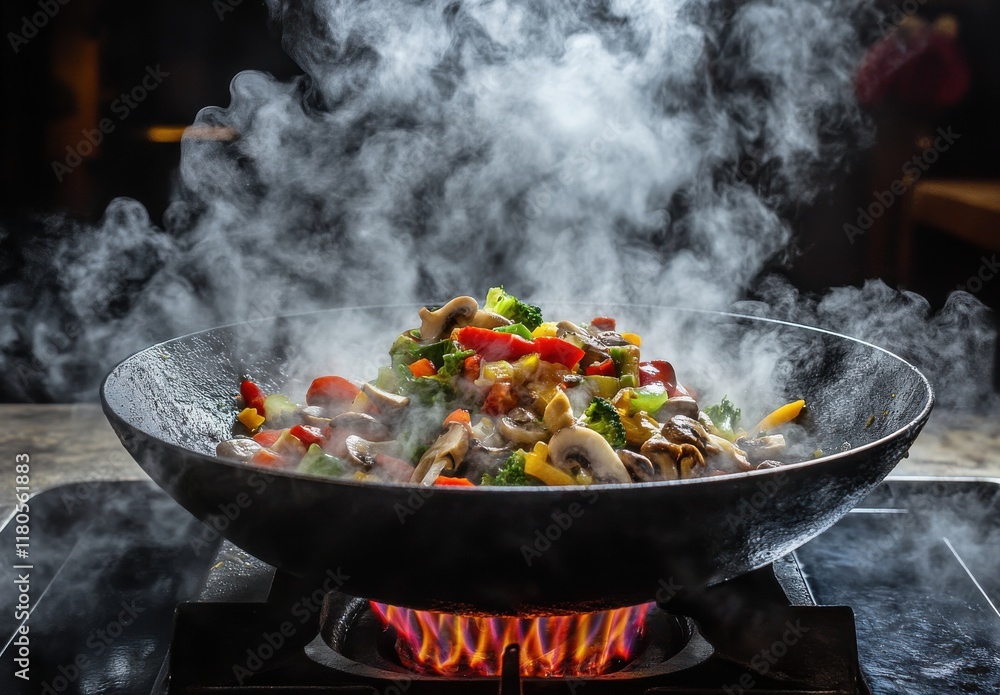 Fresh Vegetables and Mushrooms Stir-Frying in a Wok Over Flames, Creating Flavorful Steam in a Dynamic Kitchen Environment Fresh Vegetables and Mushrooms Stir-Frying in a Wok Over Flames, Creating Flavorful Steam in a Dynamic Kitchen Environment
