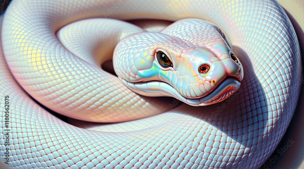 Fototapeta premium Close-up of a coiled albino snake, iridescent scales shimmering. A captivating reptile portrait.