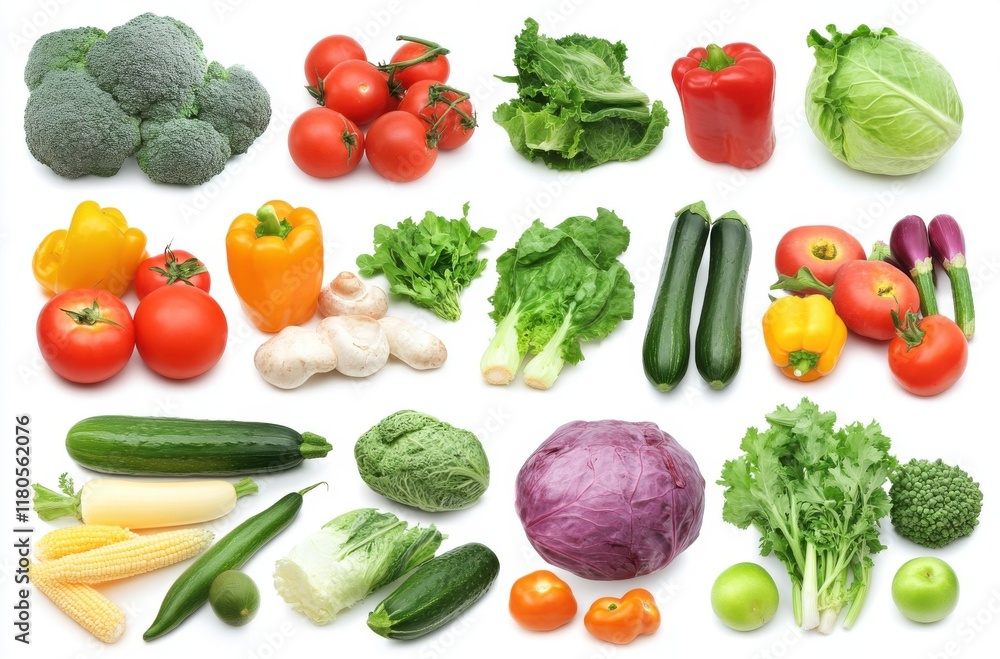 Fresh Vegetables Collection Featuring Broccoli, Tomatoes, Lettuce, Bell Peppers, Cabbage, Carrots, Zucchini, Spinach, and More on a White Background Fresh Vegetables Collection Featuring Broccoli, Tomatoes, Lettuce, Bell Peppers, Cabbage, Carrots, Zucchini, Spinach, and More on a White Background