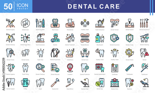 Dental Care icon set with health, teeth, maintenance, disorders, dentistry, surgery, oral, hygiene, treatment and caries.