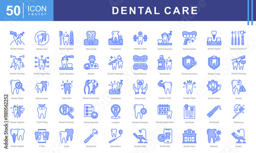 Dental Care icon set with health, teeth, maintenance, disorders, dentistry, surgery, oral, hygiene, treatment and caries.